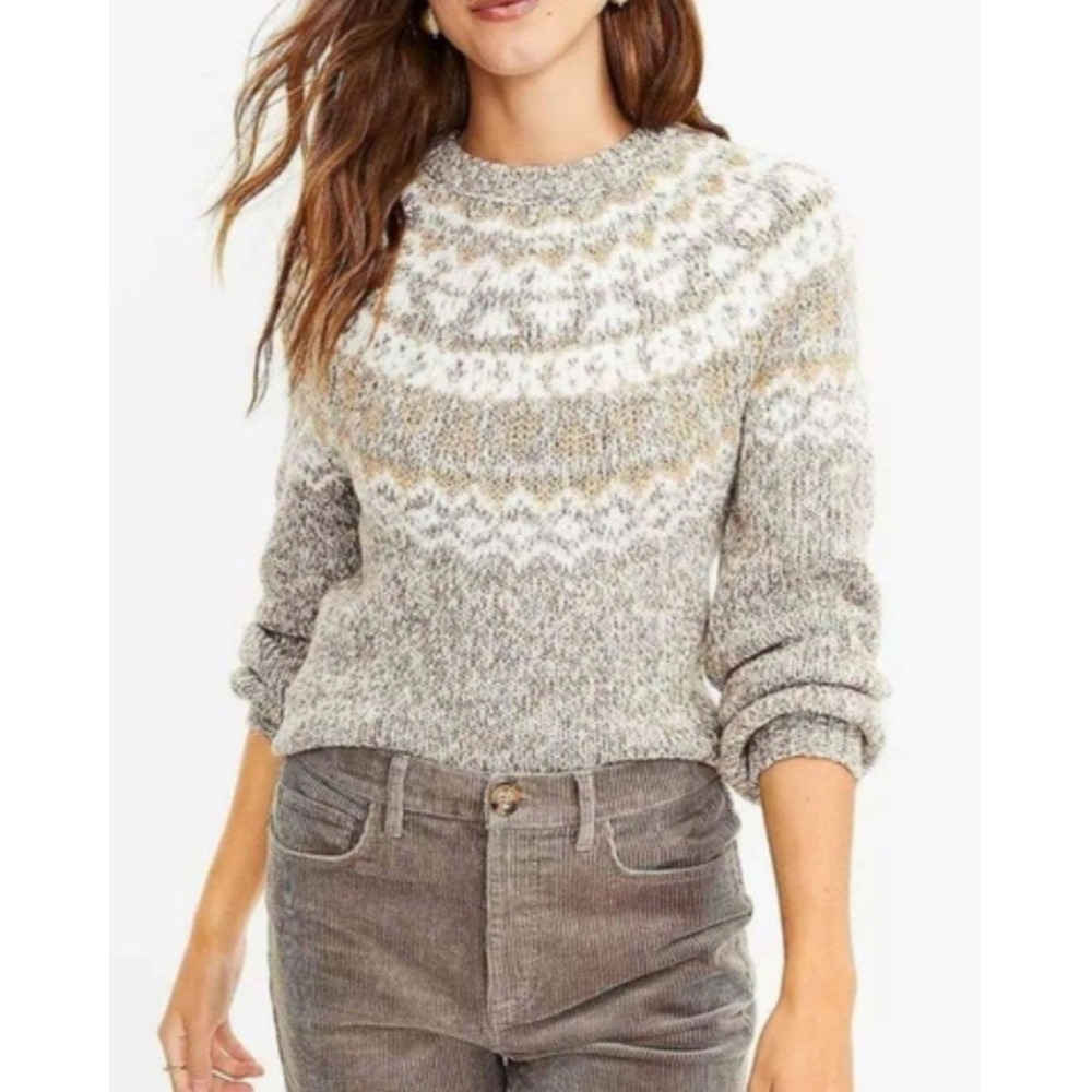 Loft Fair Isle Gold Metallic‎ Knit Puff Sleeve Sweater M Wool Cozy Chunky Nordic